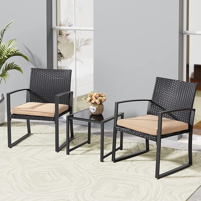 Shintenchi 3 Pieces Outdoor Patio Furniture Set, Modern Wicker Bistro Set, Conversation Rattan Chair of 2 with Coffee Table for Yard Porch Poolside Lawn(Khaki)