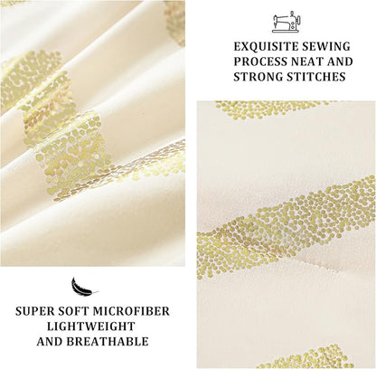 Girls Comforter Set Twin Size Cream Bedding Set Cute Metallic Gold Bed Comforter 3 Piece Lightweight Microfiber Comforter for Kids Teen