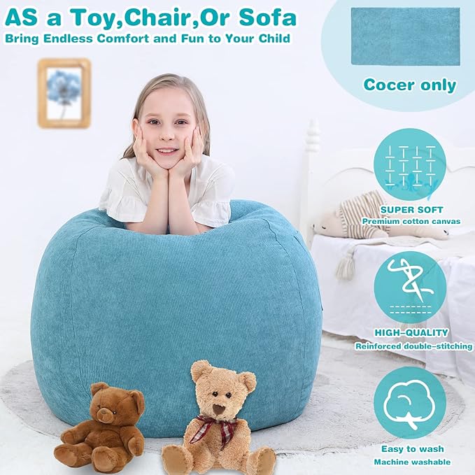 Stuffed Animal Storage Bean Bag Chair Cover (No Filler) for Kids and Adults.Soft Premium Corduroy Stuffable Beanbag for Organizing Children Plush Toys or Memory Foam Small 100L(LightBlue)