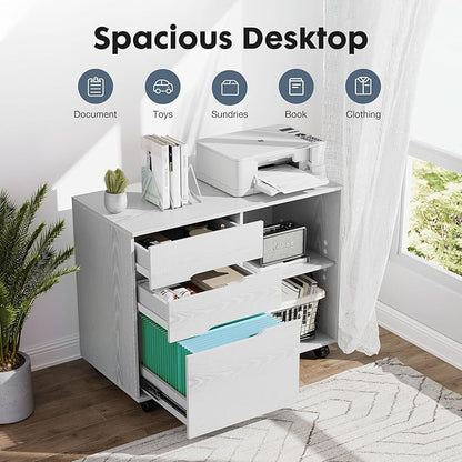 DUMOS Lateral File Cabinet with 3 Drawers Rolling Wooden Printer Stand Under Desk Storage Organizer with 4 Wheels Adjustable Shelf for Office Home, White
