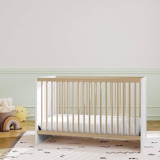 Storkcraft Calabasas 3-in-1 Convertible Crib (White with Driftwood) – GREENGUARD Gold Certified, Fits Standard Crib Mattress, Converts to Toddler Bed, Modern Style, Easy 30-Minute Assembly