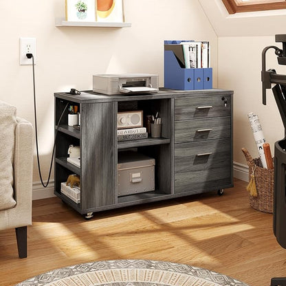 YITAHOME 3 Drawer File Cabinet with Charging Station, Home Office Furniture, Grey