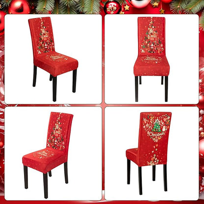 6PCS Christmas Dining Chair Covers, Stretch Removable Washable Dining Room Chair Protector Slipcovers, Xmas Tree Heart Kitchen Chair Cover, Slipcover Protector for Xmas Holiday Party Home Décor