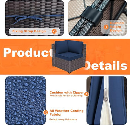 Patio Furniture Set with Fire Pit Table 13 PCS Outdoor Sectional Furniture Outdoor Rattan Patio Conversation Sets with 43in 55,000 BTU Propane Gas Fire Pit Table Glass Table, Navy Blue