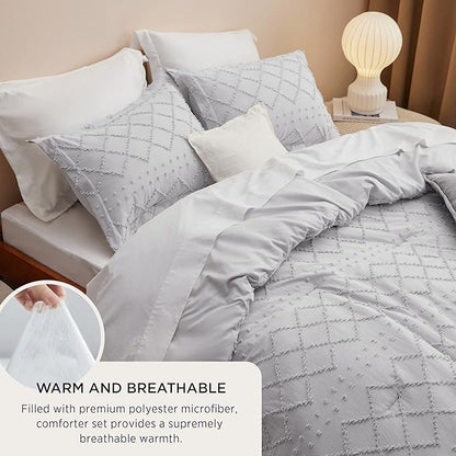Bedsure Full Size Comforter Set - Light Grey Comforter, Boho Tufted Shabby Chic Bedding Comforter Set, 3 Pieces Farmhouse Bed Set for All Seasons, Fluffy Soft Bedding Set with 2 Pillow Shams