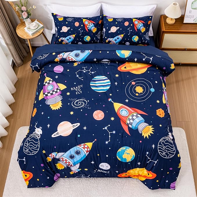 Aimuan Space Comforter Twin Set Kids Rocket Bedding Set Super Soft & Cute Aliens UFO Printed for Boys Girls Teen (Navy, Full 5Pcs)