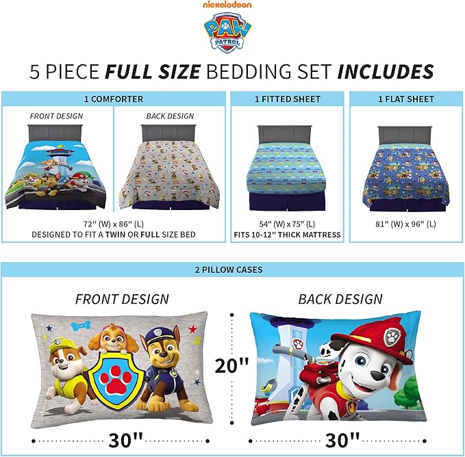 Franco Paw Patrol Kids Bedding Super Soft Comforter And Sheet Set, 5 Piece Full Size, (Official) Nickelodeon, 39 x 75 Inch