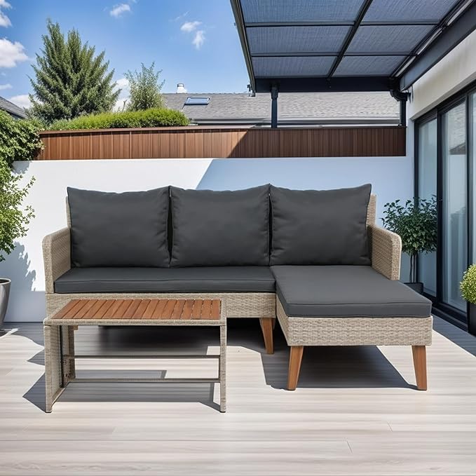 3-Piece Outdoor PE Rattan Furniture Set, Patio Wicker Conversation Loveseat Sofa Sectional Couch with Thick Cushion for Backyard, Deck, Poolside, Zn-Dark Grey