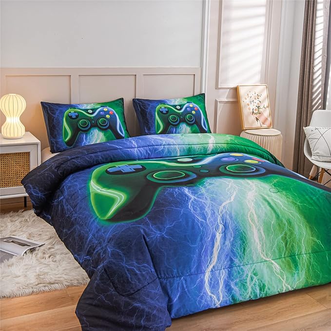 Meeting Story Gamer Gaming Bedding Sets Red Blue Lightnings Gamepad Comforter Set for Boys Games Console Action Buttons Novelty Colorful Modern Room Decor Home Quilt Set (Blue-Green, Queen)