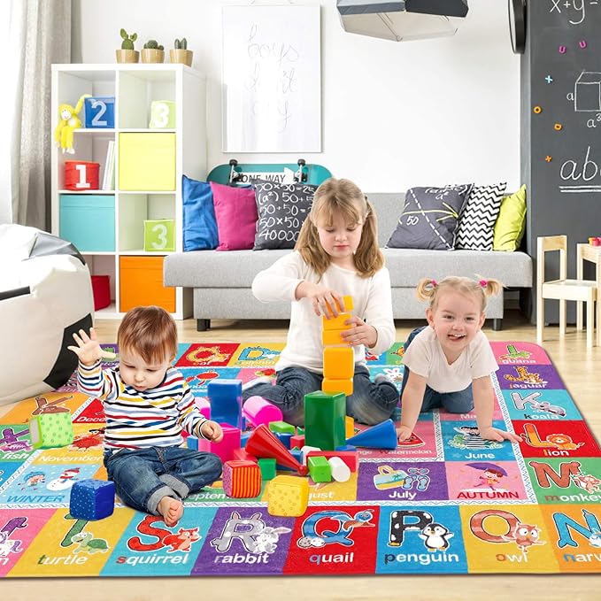 IMIKEYA Play Rugs Playroom Mat with Colorful Pattern, Playtime Collection ABC Alphabet, Seasons, Months, Fruit and Shapes Playmat Educational Rug for Kids Playroom Bedroom, 55 x 43.3 Inch