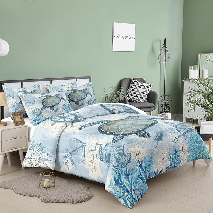 NINENINE Sea Turtle Comforter Set Twin Size for Kids Girls Boys,Ocean Themed Turtle Printed Aqua Blue Bedding Coral Sailboat Bed Set with 1 Comforter 1Pillowcase…