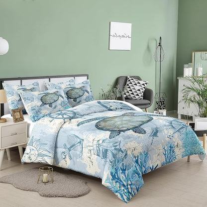 NINENINE Sea Turtle Comforter Set Twin Size for Kids Girls Boys,Ocean Themed Turtle Printed Aqua Blue Bedding Coral Sailboat Bed Set with 1 Comforter 1Pillowcase…