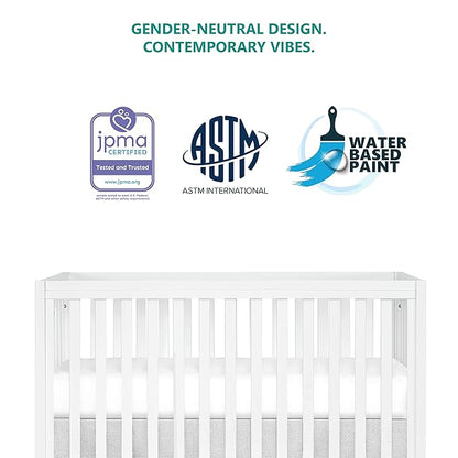 Arlo 5-in-1 Convertible Crib in White, JPMA Certified, 3 Mattress Height Settings, Non-Toxic Finish, Made of Sustainable and Sturdy Pinewood