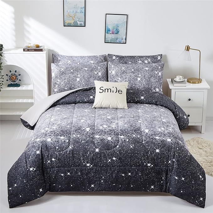 Grey Glitter Comforter Set Full/Queen Size for Boys Teen, Sparkle Galaxy Twinkle Starlight Comforter for Kids Adult, 3 Piece Black Grey Ombre Bedding Set with 2 Pillow Cases(Grey,Queen)