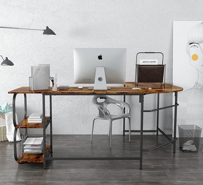 Anivia 68.9" Reversible L Shaped Desk with Storage Shelves - Corner Computer Desks Gaming Table Workstation for Home Office, Writing, Study, Caramel Brown