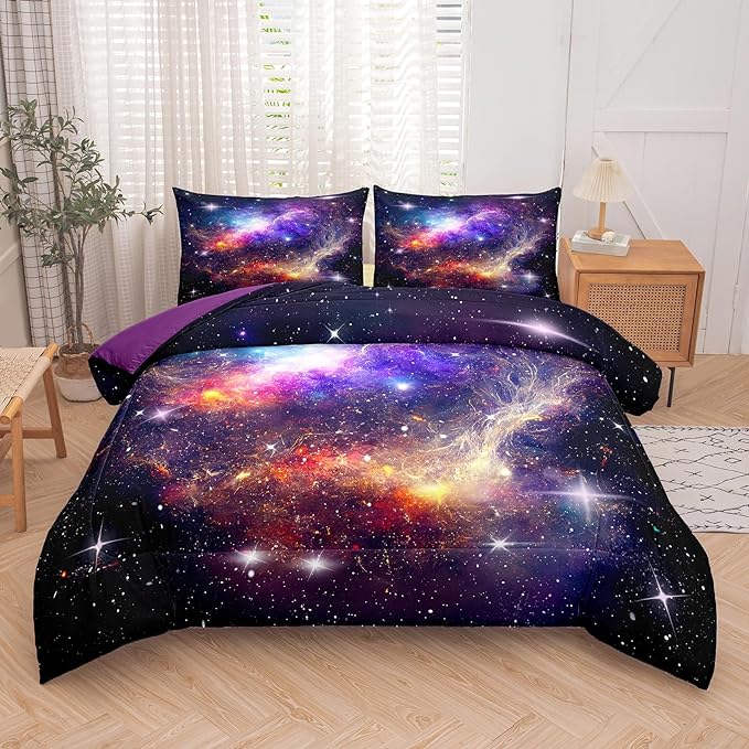 Tailor Shop Galaxy Comforter Space Kids Bedding Set Queen Size, Purple Comforter for Girls with 2 Pillowcase