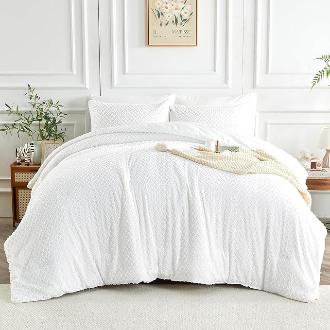 Twin Size Kids Comforter Set 6 Piece White Tufted Bedding Set for Boys Girls Jacquard Tufts Embroidery Bed in A Bag Quilt with 1 Comforter, 1 Flat Sheet, 1 Fitted Sheet, 1 Pillowcase and 2 Pillow Sham