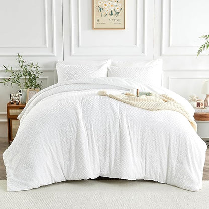 Twin Size Kids Comforter Set 6 Piece White Tufted Bedding Set for Boys Girls Jacquard Tufts Embroidery Bed in A Bag Quilt with 1 Comforter, 1 Flat Sheet, 1 Fitted Sheet, 1 Pillowcase and 2 Pillow Sham