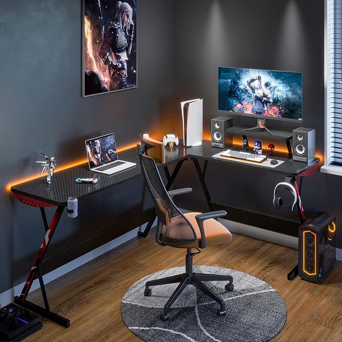 MOTPK L Shaped Gaming Desk 66 Inch, Gaming Computer Desk L Shape with Carbon Fiber Surface, Gamer Desk Gaming Table with Monitor Shelf, Cup Holder & Headphone Hook, Black