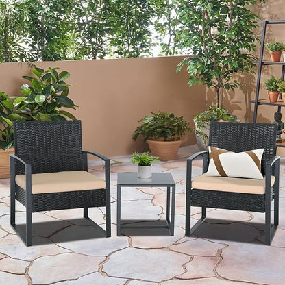 3 Pieces Patio Furniture Set, Outdoor Patio Set, Patio Bistro Set, All-Weather Wicker Conversation Set with Cushions Table for Porch Backyard (Black-Brown)