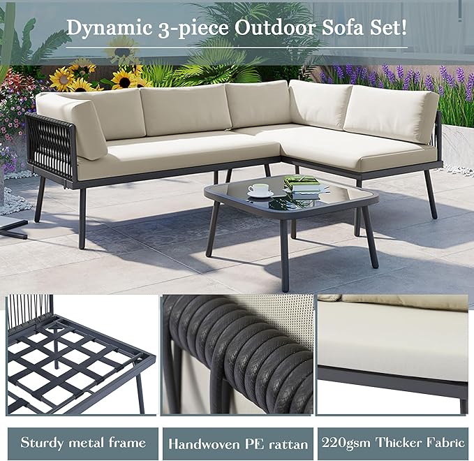 3-Piece Outdoor Patio Furniture PE Rattan Sofa Set, All Weather L-Shaped Sectional Couch with Removable Cushions and Glass Table, for Backyard Poolside Garden, Metal Frame, Onesize, Beige