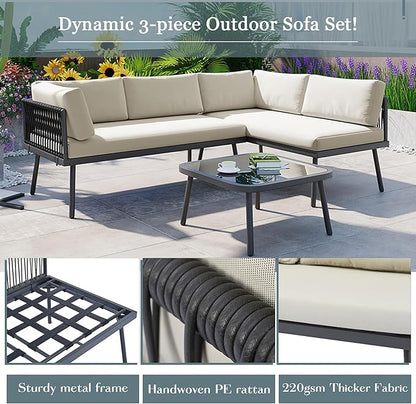 3-Piece Outdoor Patio Furniture PE Rattan Sofa Set, All Weather L-Shaped Sectional Couch with Removable Cushions and Glass Table, for Backyard Poolside Garden, Metal Frame, Onesize, Beige