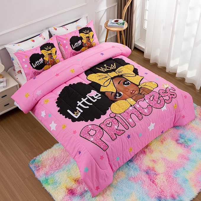 A Nice Night Black Girl Little Princess Comforter Set, Pink 6Pcs Bed in A Bag Full Size Sparkling Stars Bedding Set,for Kids, Girls