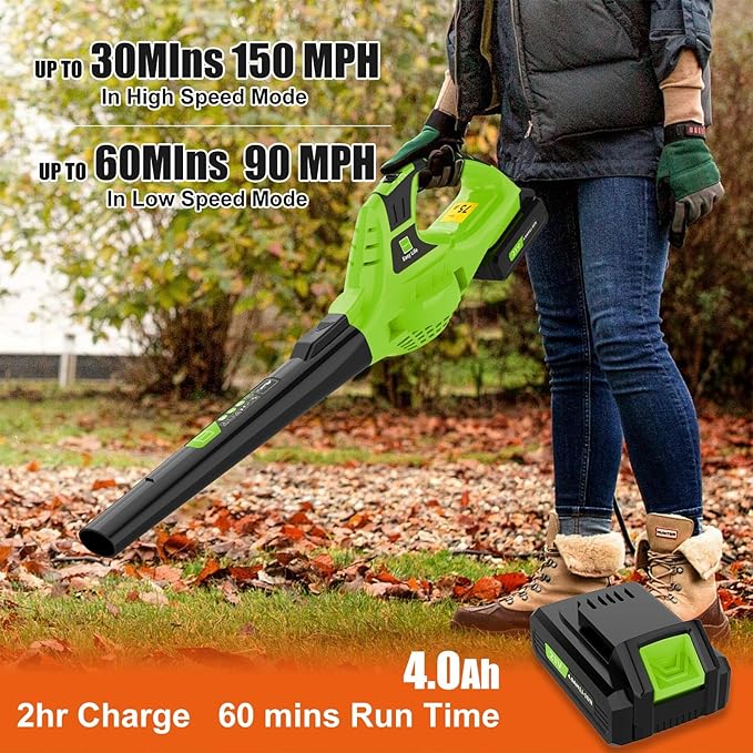 Leaf Blower Cordless,4.0Ah 21V Handheld Electric Leaf Blower with Battery and Charger, 2 Speed Mode, Lightweight Battery Powered Blowers for Lawn Care, Patio, Yard, Sidewalk,Snow Blowing
