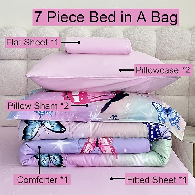 Girls Butterfly Comforter Set Bed in A Bag Full Size 7 Piece 3D Purple Bedding Comforter Bed Set with Pillow Shams, Flat Sheet, Fitted Sheet, Pillowcases All Season