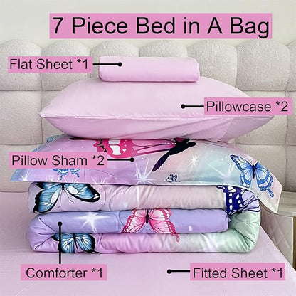 Girls Butterfly Comforter Set Bed in A Bag Full Size 7 Piece 3D Purple Bedding Comforter Bed Set with Pillow Shams, Flat Sheet, Fitted Sheet, Pillowcases All Season