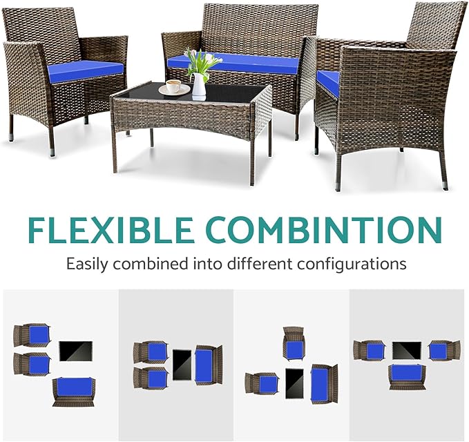 Patio Furniture, 4 Piece Conversation Set, Outdoor Wicker Rattan Table and Chairs, Sectional Sofa with Thick Cushion for Garden, Yard, or Porch, Light Brown