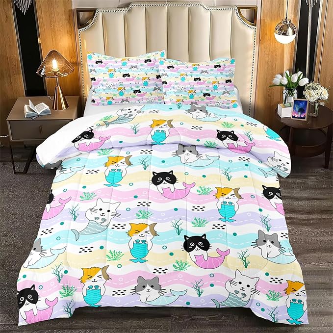 Cartoon Cat Comforter Set for Girls - Full Size Girls Cat Bedding Set for Bedroom Ultra Soft Warm Cute Mermaid Tail Cat Patterns Comforter Set for All-Season, 1 Comforter with 2 Pillowcases