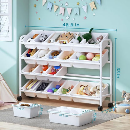 Kids Toy Storage Organizer with 20 Plastic Bins, 4-Tier Metal Toy Storage Rack, Extra Large Toy Organizer and Storage Bins for Kids Room, Playroom and Nursery, White