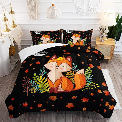 Cartoon Fox Comforter Set 3-Pieces Cute Fox Bedding Set Moon Plants Leaves Printed Quilt Set for Kids Boys Girls with 2 Pillowcases Full