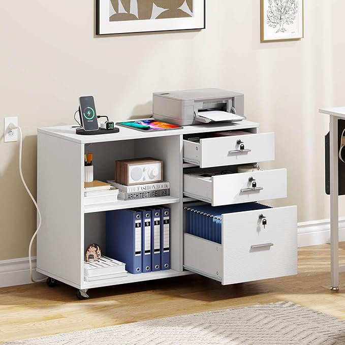 YITAHOME File Cabinet with Lock, 3 Drawer Filing Cabinet with Charging Station, Printer Stand with Storage, Office Pedestal Files for Hanging Files Letter/Legal/A4, White