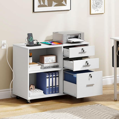 YITAHOME File Cabinet with Lock, 3 Drawer Filing Cabinet with Charging Station, Printer Stand with Storage, Office Pedestal Files for Hanging Files Letter/Legal/A4, White