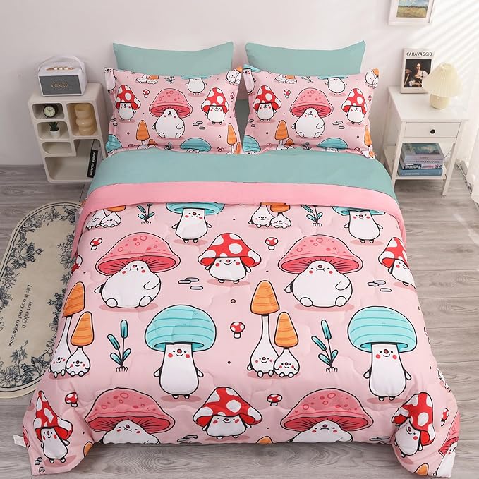 Wajade Kids Cute Mushroom Comforter Set Bed in A Bag Twin Size 7 Piece Pink Cartoon Mushroom Head Bedding Set for Girls (1 Comforter, 1 Flat Sheet, 1 Fitted Sheet, 2 Pillowcase and 2 Pillow Sham)
