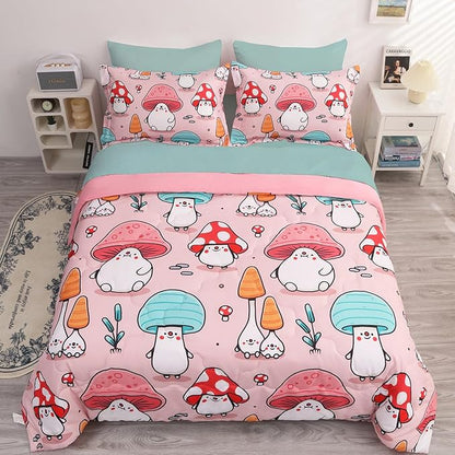 Wajade Kids Cute Mushroom Comforter Set Bed in A Bag Full Size 7 Piece Pink Cartoon Mushroom Head Bedding Set for Girls (1 Comforter, 1 Flat Sheet, 1 Fitted Sheet, 2 Pillowcase and 2 Pillow Sham)