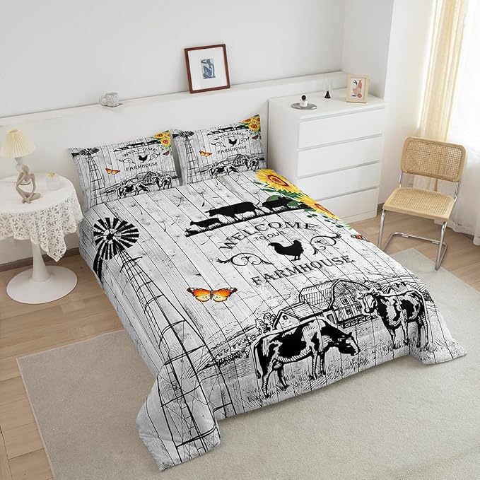 Farmhouse Windmill Comforter Set Full Size Rustic Farm Barn Door Bedding Comforter Sets for Cowboy Cowgirl, Vintage Western Cow Gifts Bedding Room Decor Butterfly Sunflowers Wooden Plank Duvet Insert