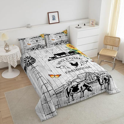 Erosebridal Windmill Bedding King Size, Rustic Farmhouse Comforter Set Retro Vintage Windmill Bedding Comforter Sets, Wooden Planks Barn Door Down Comforter with 2 Pillowcases for All Season