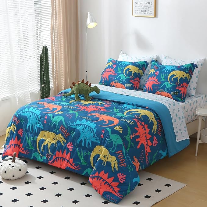 Wajade Boys Dinosaur Comforter Set Bed in A Bag Full Size 7 Piece 3D Blue Dinosaur Print Bedding Set for Kids Teens(1 Comforter, 1 Flat Sheet, 1 Fitted Sheet, 2 Pillowcase and 2 Pillow Sham)