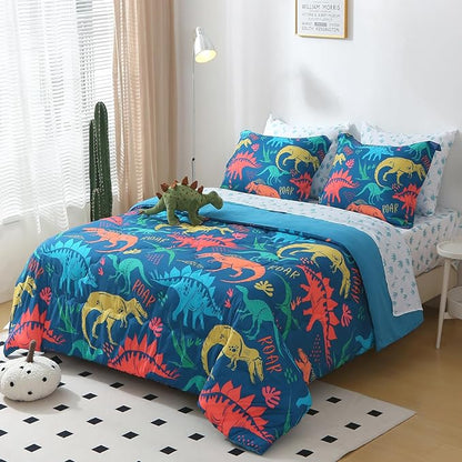 Wajade Boys Dinosaur Comforter Set Bed in A Bag Full Size 7 Piece 3D Blue Dinosaur Print Bedding Set for Kids Teens(1 Comforter, 1 Flat Sheet, 1 Fitted Sheet, 2 Pillowcase and 2 Pillow Sham)
