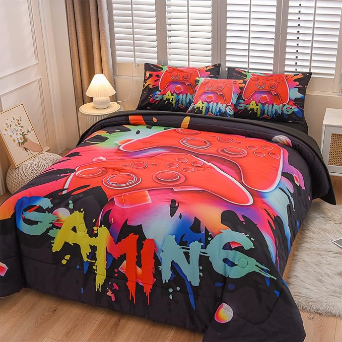 Aimuan Gaming Comforter Sets for Boys Kids Bedding Sets Video Games Console Action Buttons Novelty Colorful Game Gamepad Controller Modern Gamer Room Decor Home Quilt Set (Queen 6 Pcs,Black)