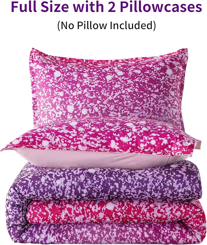 Litanika Galaxy Comforter Full(79x90lnch), 3 Pieces(1 Purple Glitter Ombre Comforter, 2 Pillowcases), 3D Colorful Rainbow Bedding Set, Microfiber Comforter Set for Kid Boy Girl Teen