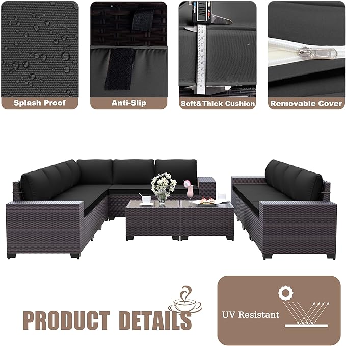 12PCS Patio Furniture Set Sofa Wicker Sectional Sofa Set, Outdoor Furniture Rattan Patio Conversation Set with Cushions and Glass Coffee Table, Black