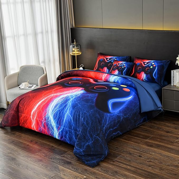 DORCAS Gamer Comforter Sets with Sheets for Boys,Twin Size Gamer Bedding Sets Boys,6 Pieces Lightning Gaming Comforter Set for Boys Kids Teens (Red&Blue, Twin)