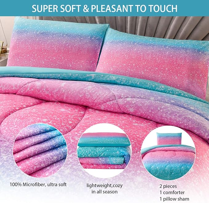 JQinHome Twin Glitter Comforter Sets for Girls, 3D Colorful Duvet Pink Rainbow Themed Bedding, All-Season Reversible Quilted Duvet, for Girls Teen Women - includes 1 Comforter, 1 Pillowcase