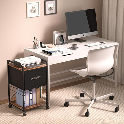 VECELO Vertical Filing Cabinet Set of 2, Rolling Printer Shelf with Handle, Suitable for Letter Size, Sturdy Steel Frame and Folding Fabric Drawer for Living Room/Bedroom/Hallway, Brown+Black