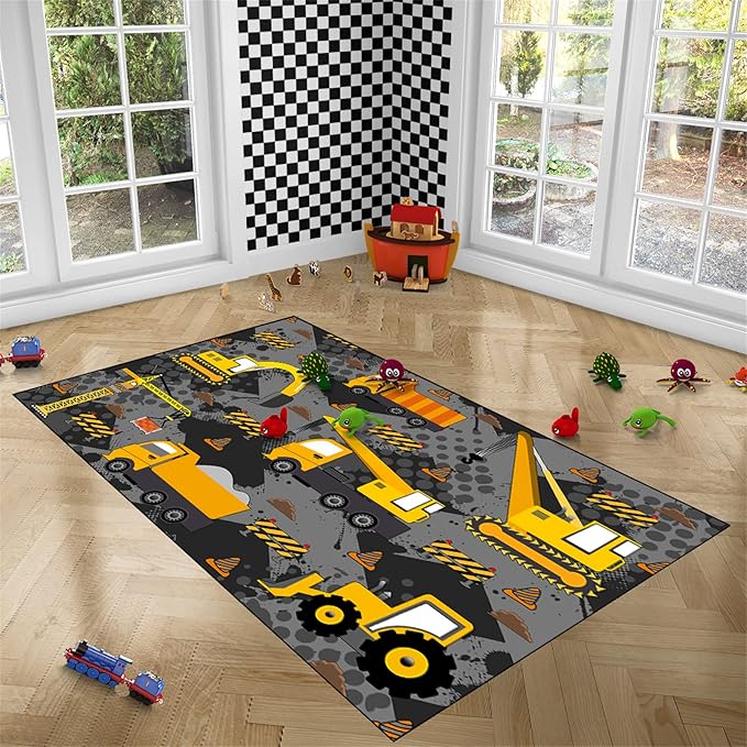 Construction Rugs for Boys Room Play Rug for Cars and Trucks Car Rug Play Mat Kids Rugs for Playroom Car Rug for Boys Room Construction Decor for Boys Room,Grey 5'×7'