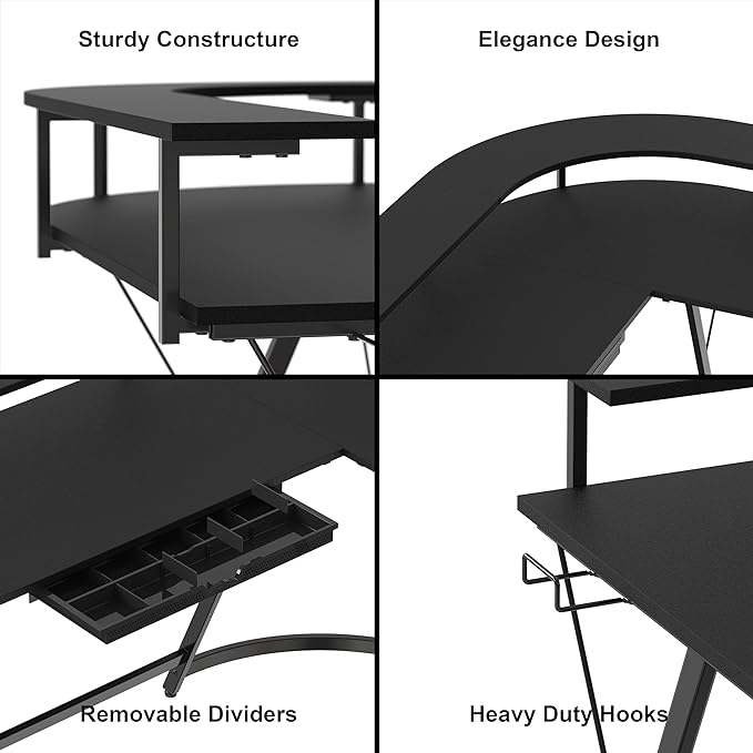 SHW Vista L Desk with U Monitor Stand and Drawer, Black